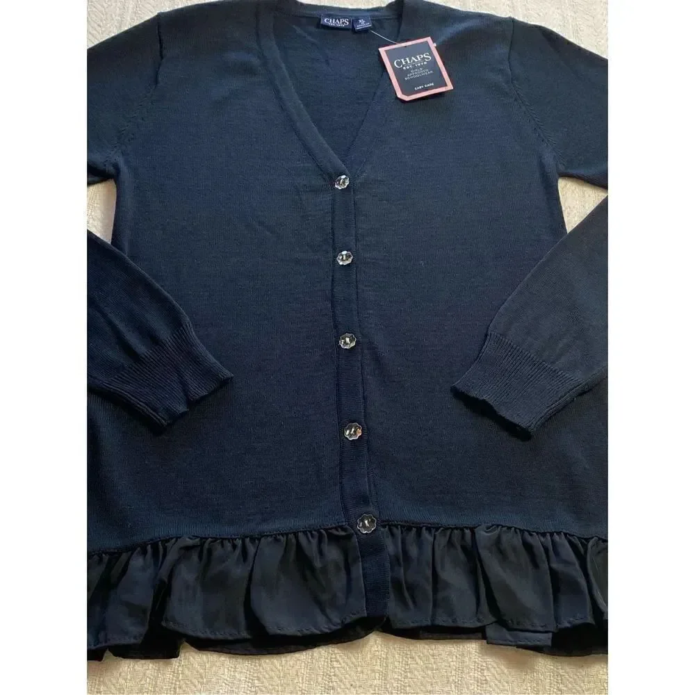 CHAPS GIRLS XL(16) Ruffled NAVY Cardigan Sweater